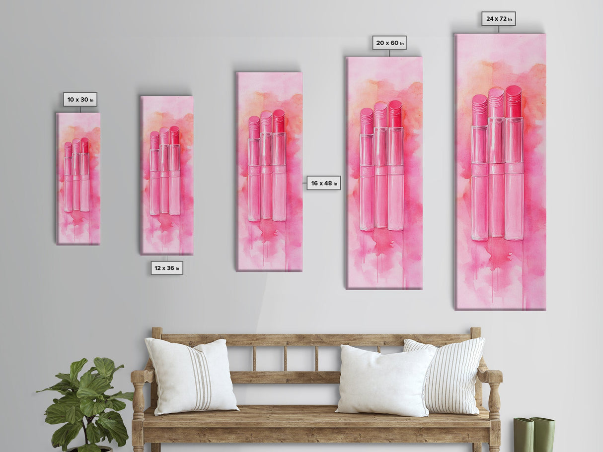 Light Pink Lipsticks Framed Canvas Print, Modern Whimsical Art, Abstract Vertical Art for Makeup Room or Girly Dorm Wall Decor