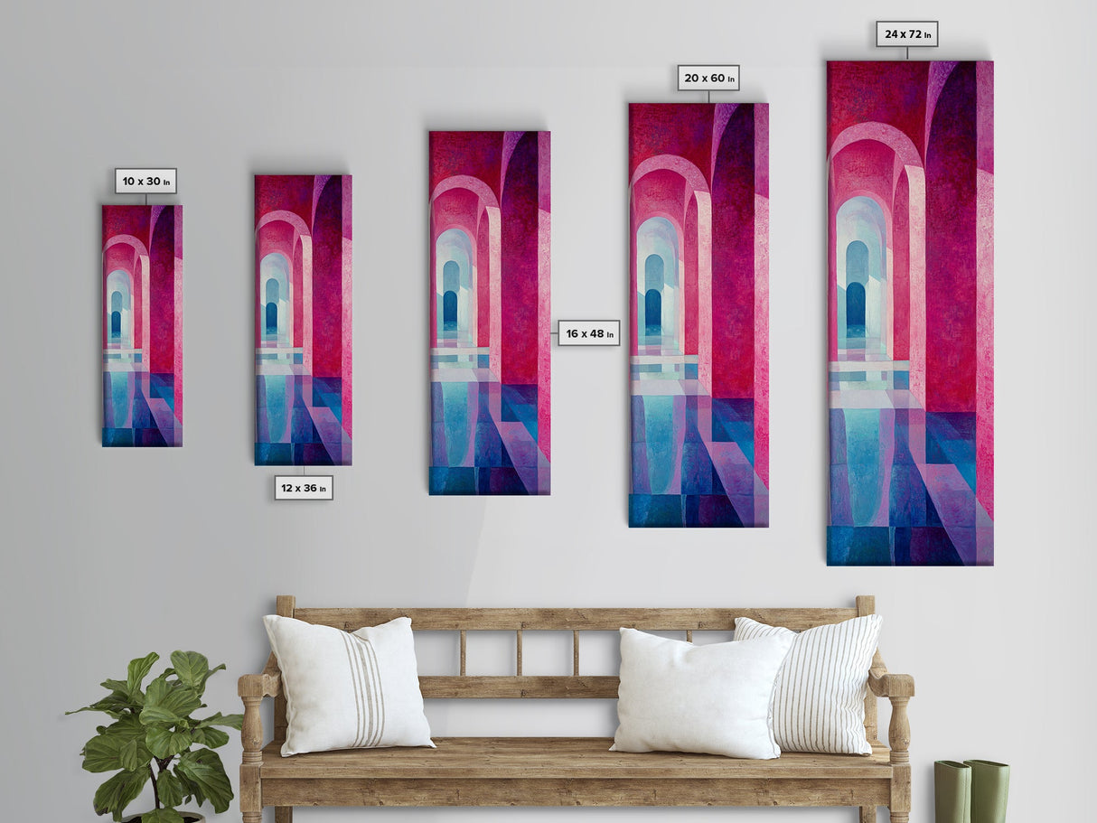 Geometric Archway Framed Canvas Print, Abstract Pink and Blue Whimsical Art, Skinny Vertical Wall Art for Modern Living Room Decor
