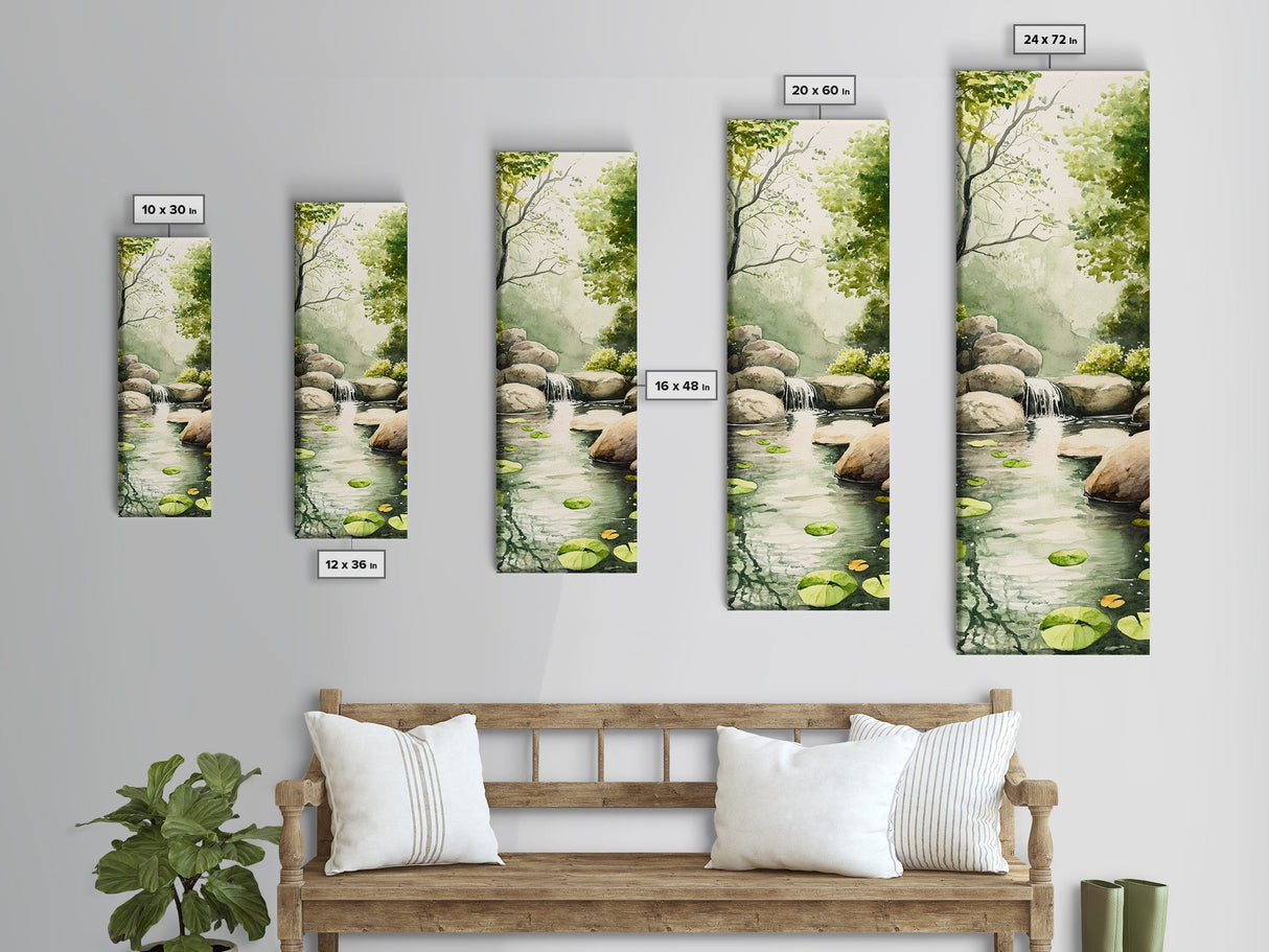 Tranquil Waterfall Scene Framed Canvas Print Green Wall Art Botanical Prints Vertical Landscape Art Above Bed Living Room Decor
