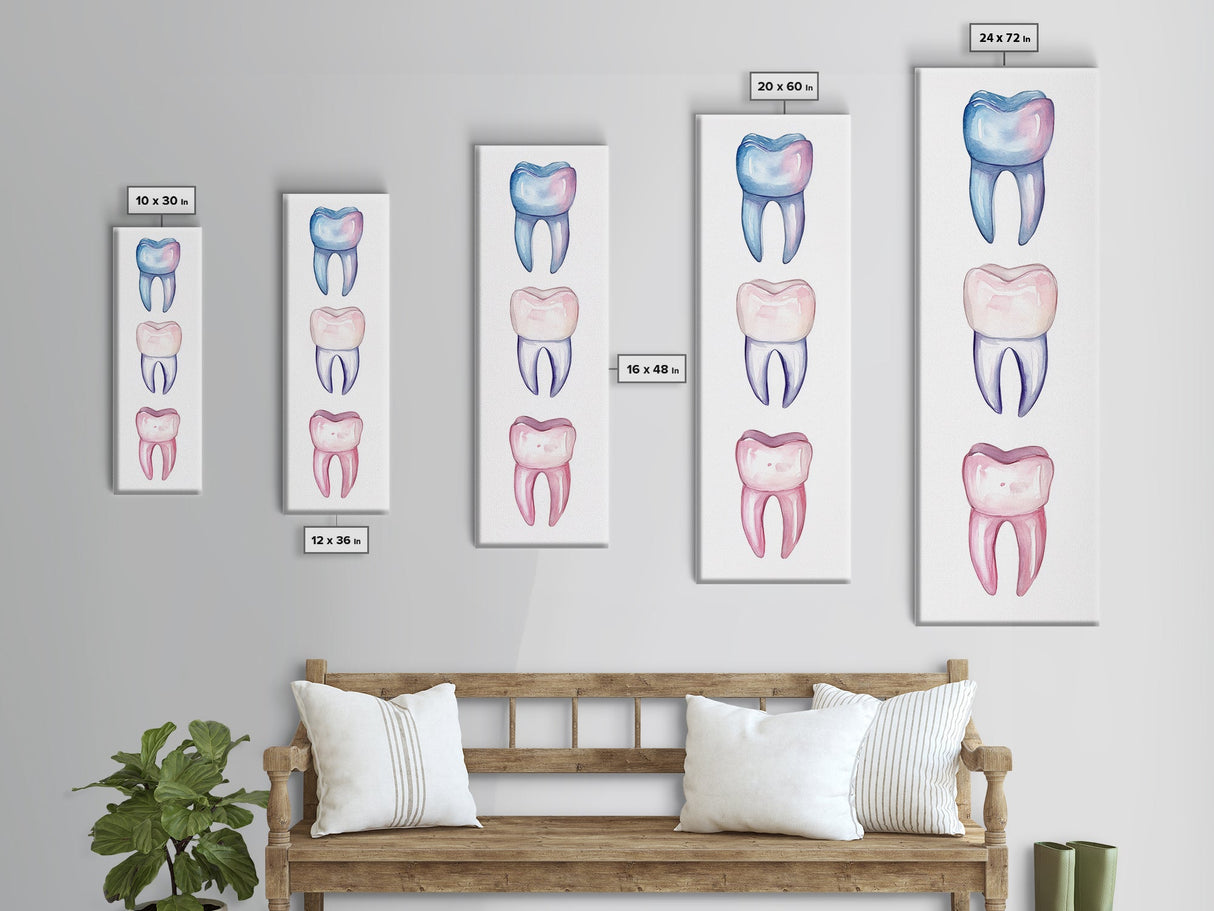 Whimsical Rainbow Teeth Canvas Print, Dentist Office Vertical Wall Art, Vibrant Dental Art Print for Gift Ideas