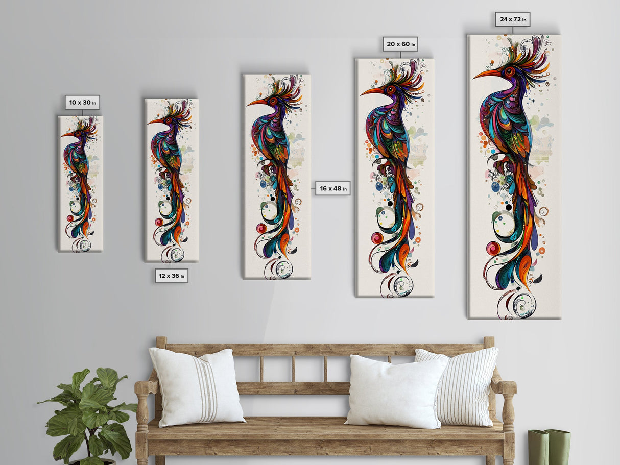 Vibrant Peacock Art Canvas Print with Boho Decor Elements and Colorful Whimsical Art, Perfect Vertical Wall Art Gift Idea