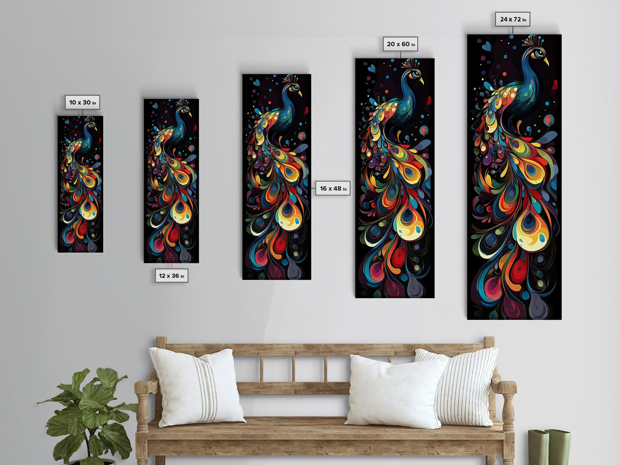 Dynamic Peacock Framed Canvas Print with Swirling Colors, Vibrant Bird Art Perfect Vertical Wall Art and Boho Home Decor Accent