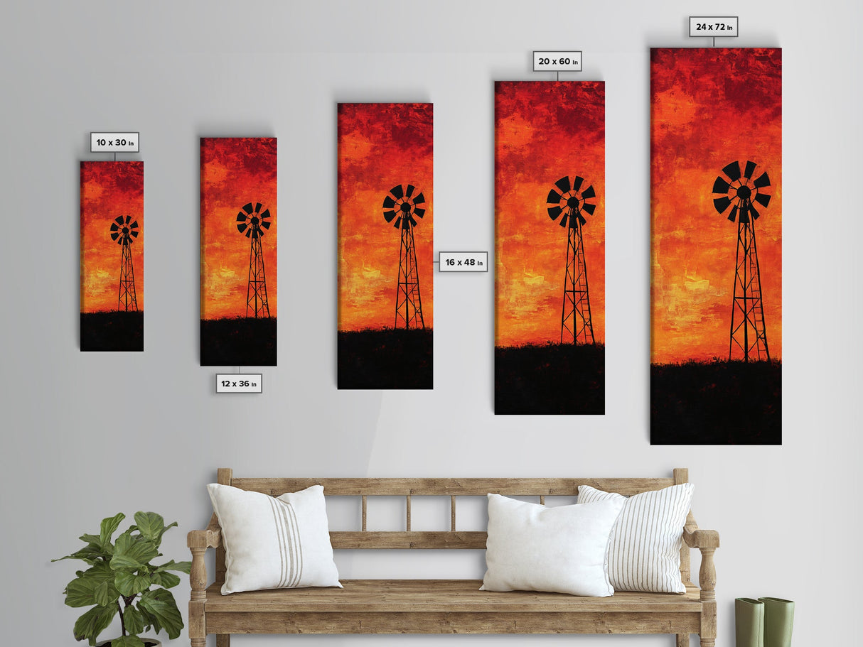 Rustic Windmill Framed Canvas Print, Southwest Farmhouse Decor, Moody Sunset Landscape Wall Art, Vertical Artwork for Bedroom