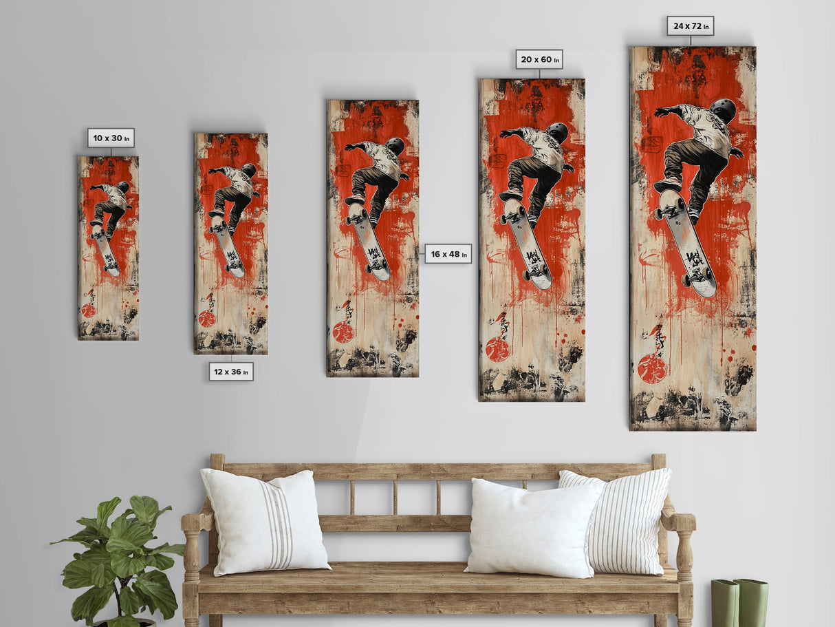 Skateboarder Canvas Print, Red and Black Urban Wall Art, Graffiti Inspired Vertical Artwork, Gift Idea for Living Room or Teen Bedroom