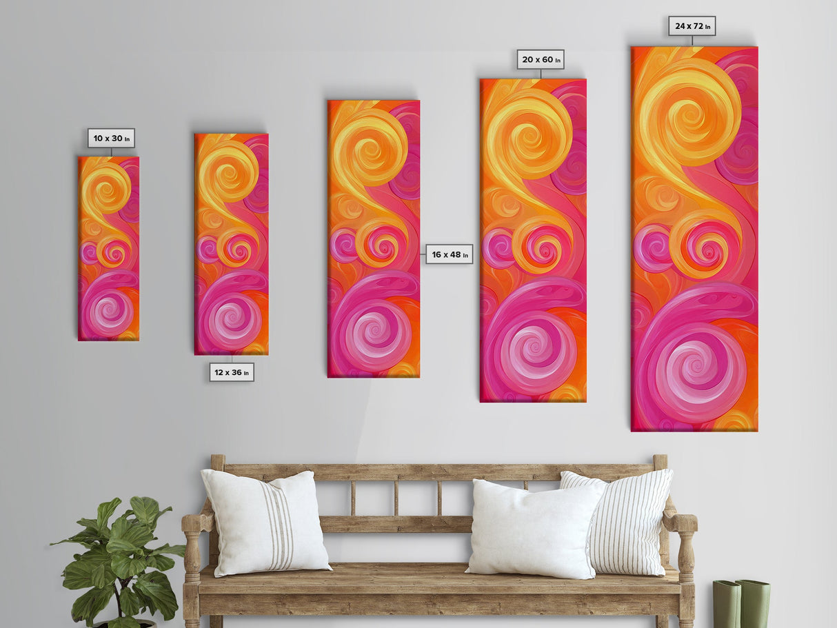 Bright Pink Orange Abstract Swirls Canvas Print, Vertical Skinny Art, Pink Orange Dorm Wall Art, Minimalist Artistic Decor