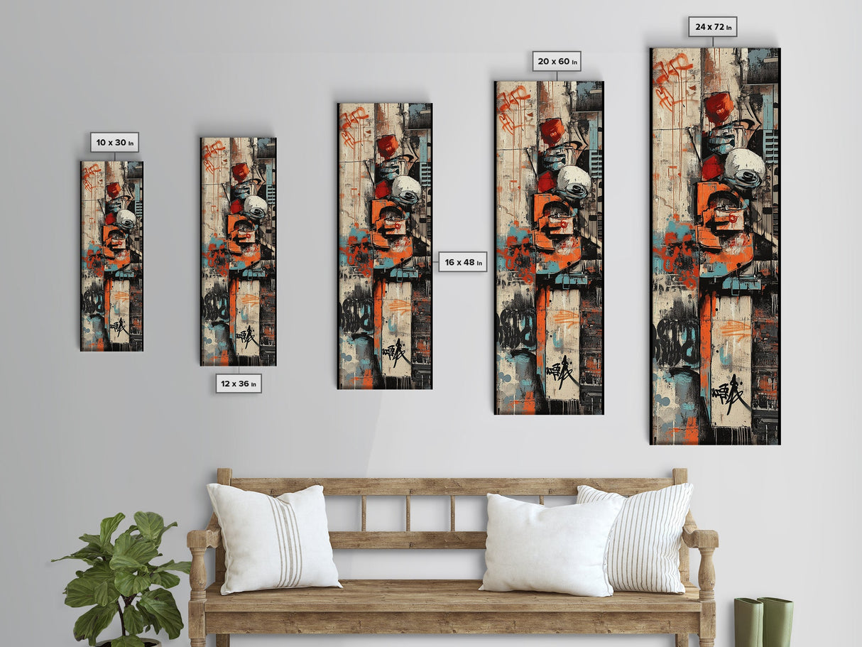 Urban Graffiti Canvas Print with Orange and Teal Accents, Long Narrow Wall Art for Contemporary Home or Living Room Decor