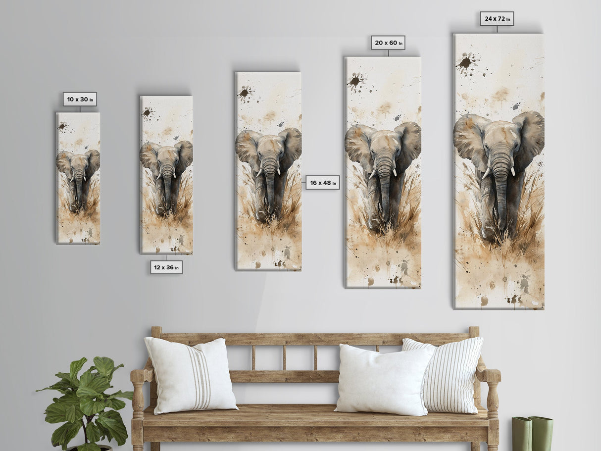 Elephant Wall Art Canvas Print African Art Safari Painting Rustic Decor Vertical Long Narrow Wall Art Animal Lover Gift