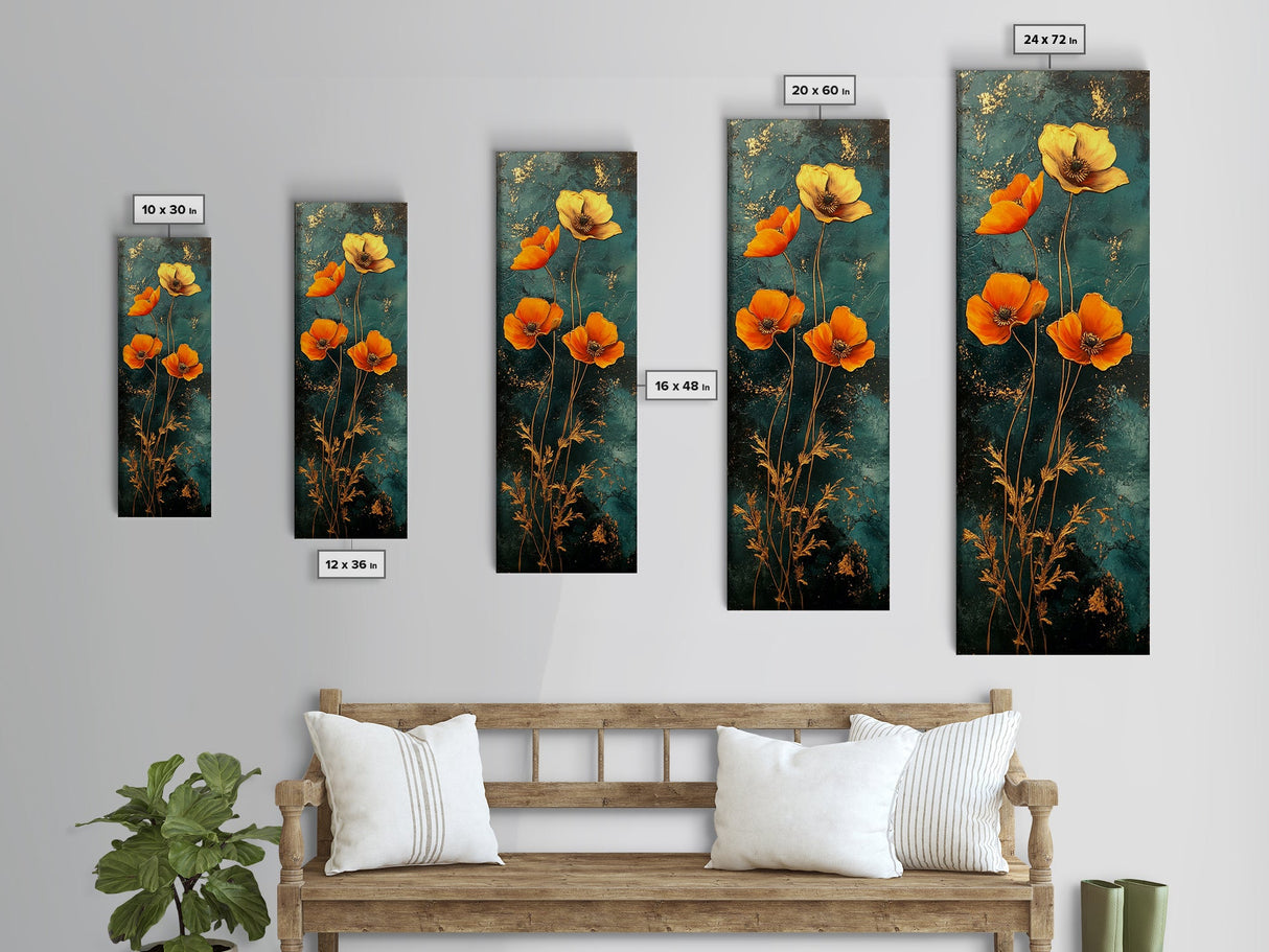 Elegant Poppy Bouquet Framed Canvas Print | California Poppy Art | Botanical Prints | Vertical Art | Rustic Wall Art | Fall Decor