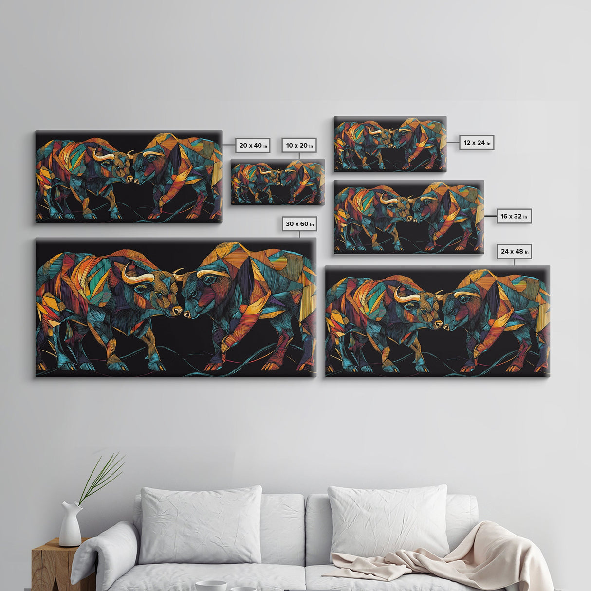 Vibrant Mosaic Bulls Canvas Print Colorful Geometric Wall Art Rustic Decor Living Room Art Tall Narrow Art Bull and Bear Art