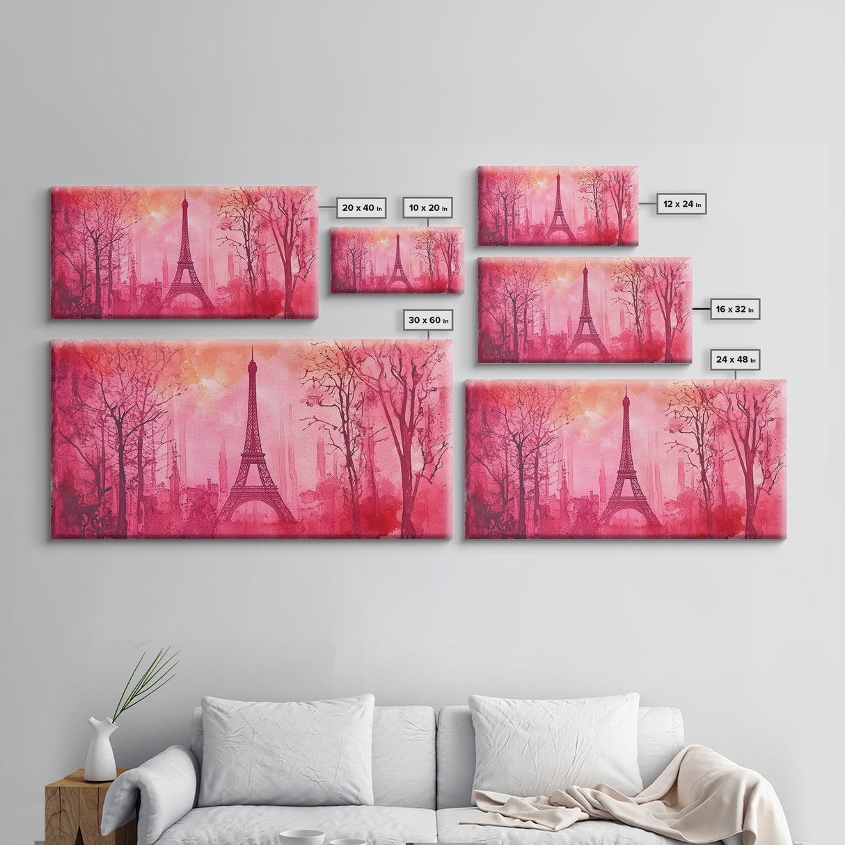 Eiffel Tower Painting Framed Canvas Print, Paris Pink Wall Art Romantic Decor, Horizontal Wall Art Living Room Rustic Gift Idea