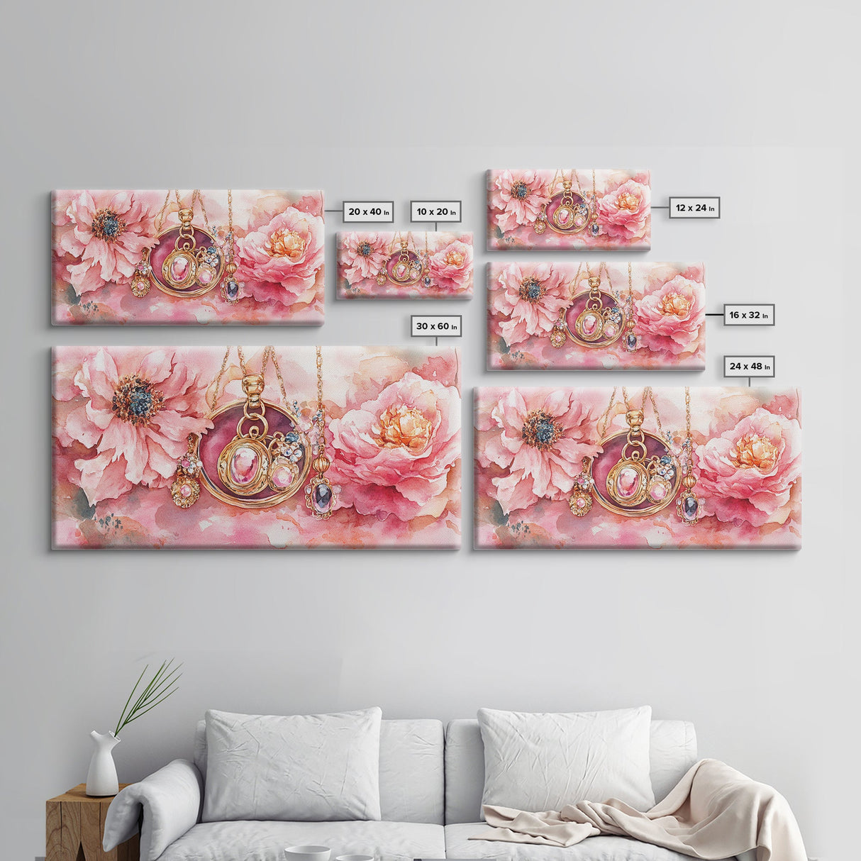 Pink Gemstone Jewelry Canvas Print, Feminine Elegant Artwork, Glamorous Rose Painting, Living Room Wall Art, Unique Decorative Gift