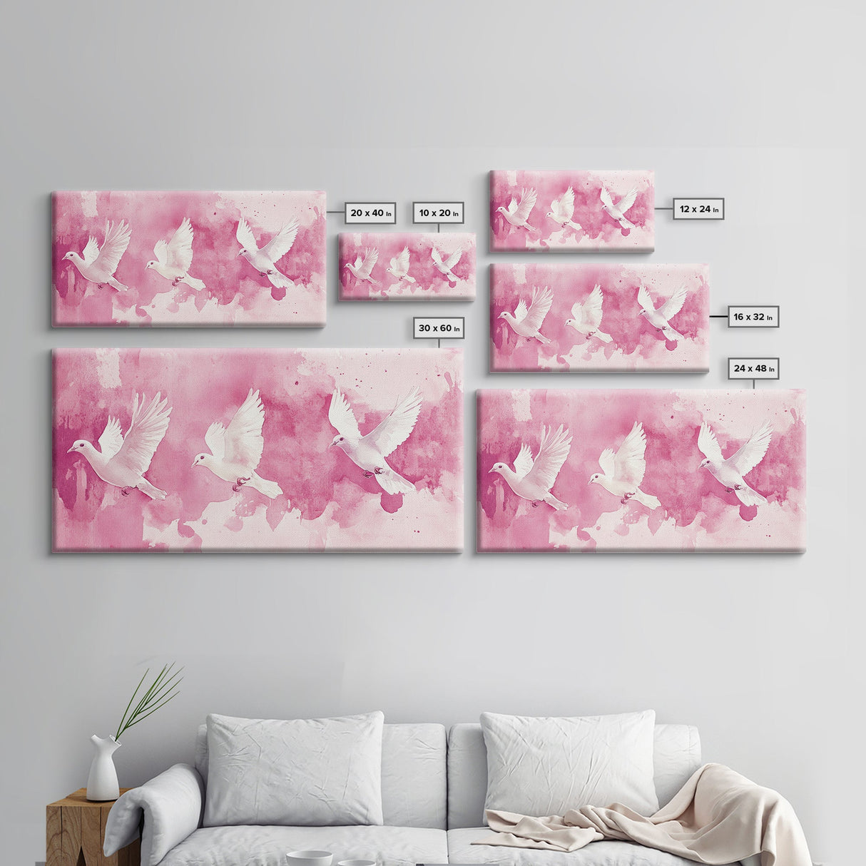 White Dove Flight Canvas Print | Angel Art Prints | Light Pink Wall Art | Minimalist Bird Art | Whimsical Living Room Decor Wall Art