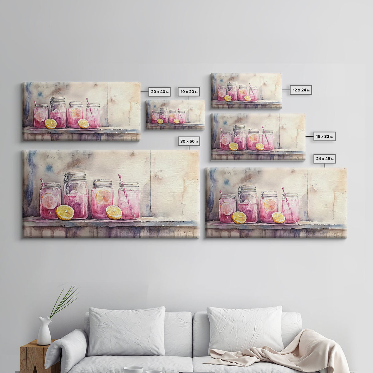 Lemonade Jars Canvas Print | Lemon Painting | Food Review Kitchen Art | Rustic Farmhouse Wall Art | Summer Kitchen Decor Canvas Print
