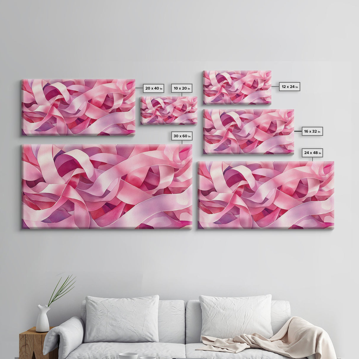 Pink Ribbons Canvas Print | Abstract Art | Light Pink Wall Art | Whimsical Minimalist Decor | Feminine Bedroom Canvas Print