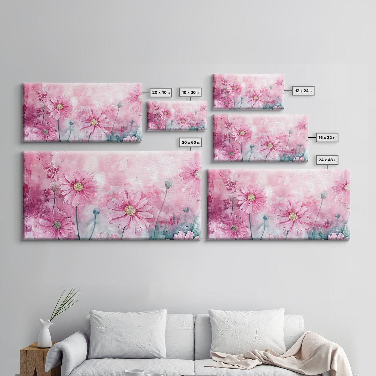 Wildflower Painting Canvas Print, Vibrant Daisy Wall Art with Light Pink Abstract Background, Whimsical Art for Bedroom Decor