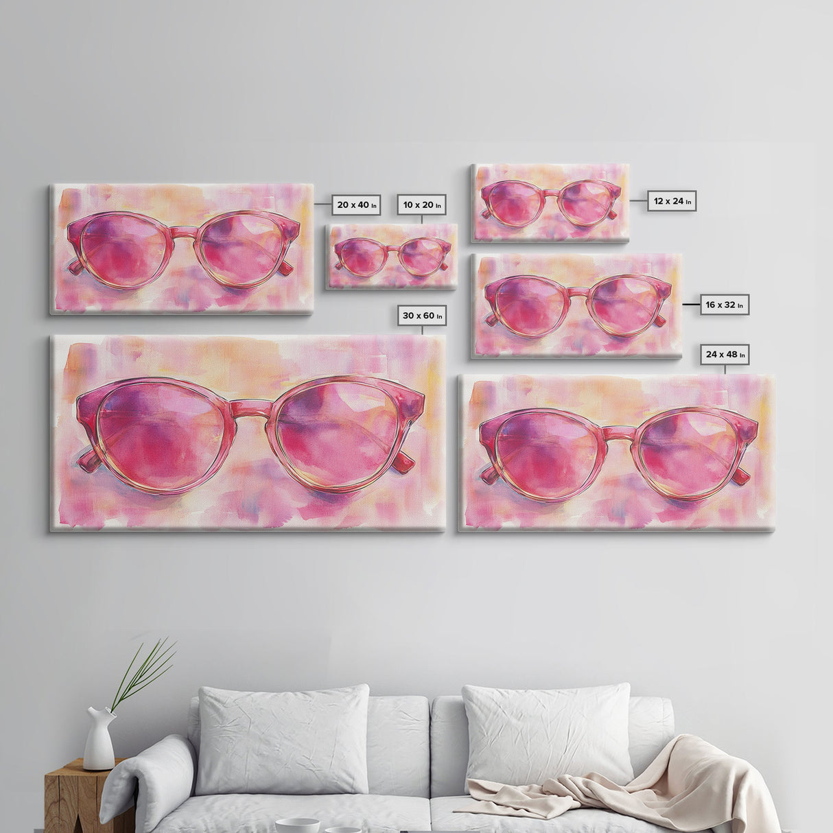 Pink Sunglasses Painting Framed Canvas Print, Whimsical Art Decor, Light Pink Wall Art, Retro Fashion Gift Idea, Original Artwork