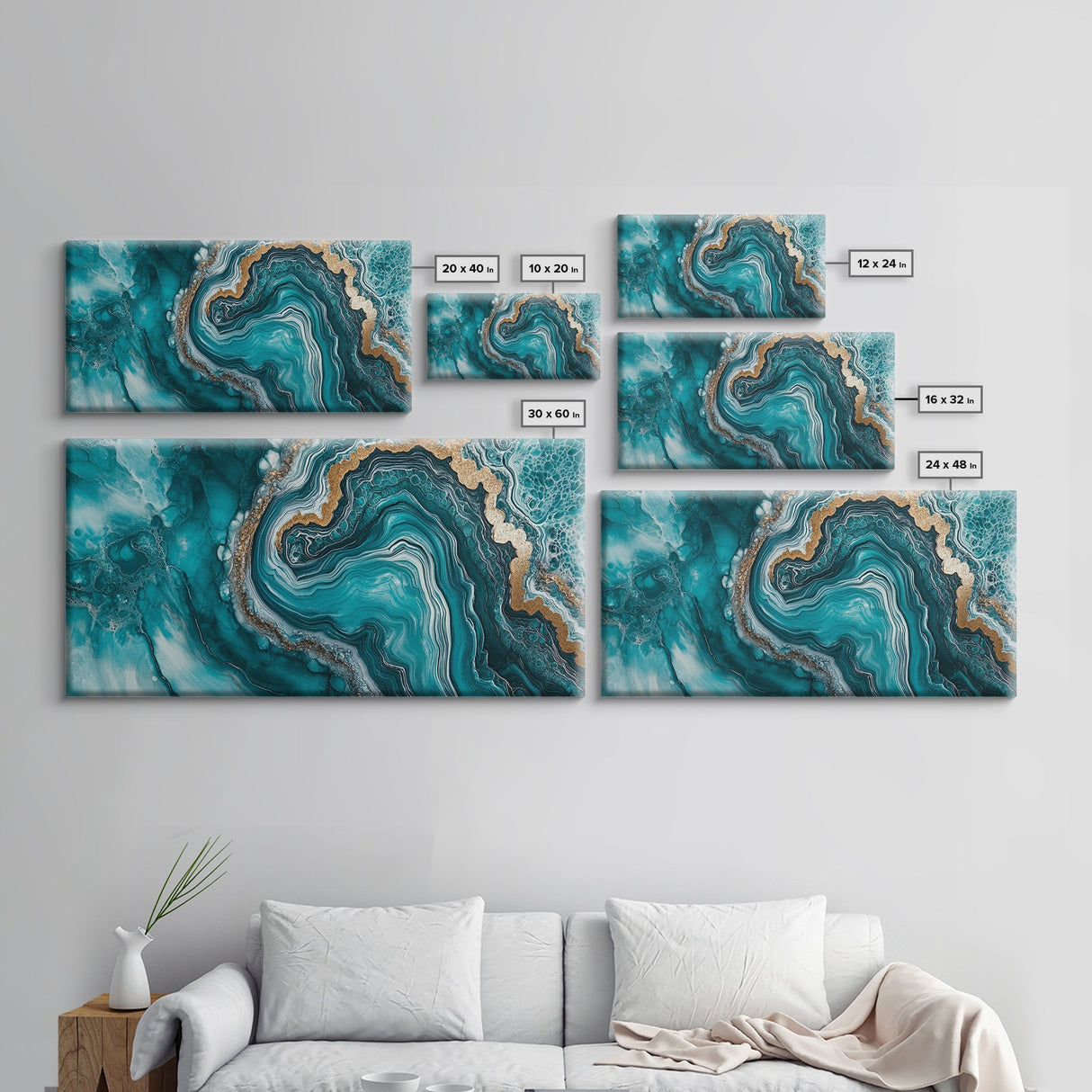 Turquoise Geode-Inspired Canvas Print, Mosaic Wall Art, Teal Wall Art, Abstract Coastal Art, Panoramic Art, Wide Wall Art, Coastal Decor