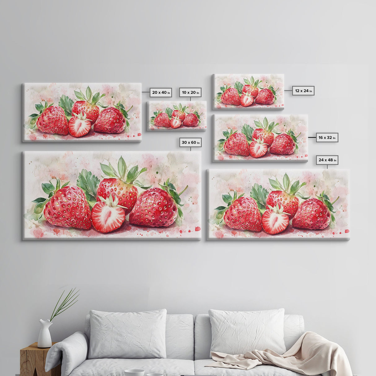 Strawberry Still Life Canvas Print - Bright Red Fruit Rustic Kitchen Art Food Review Artwork Light Pink Wall Art Rustic Decor