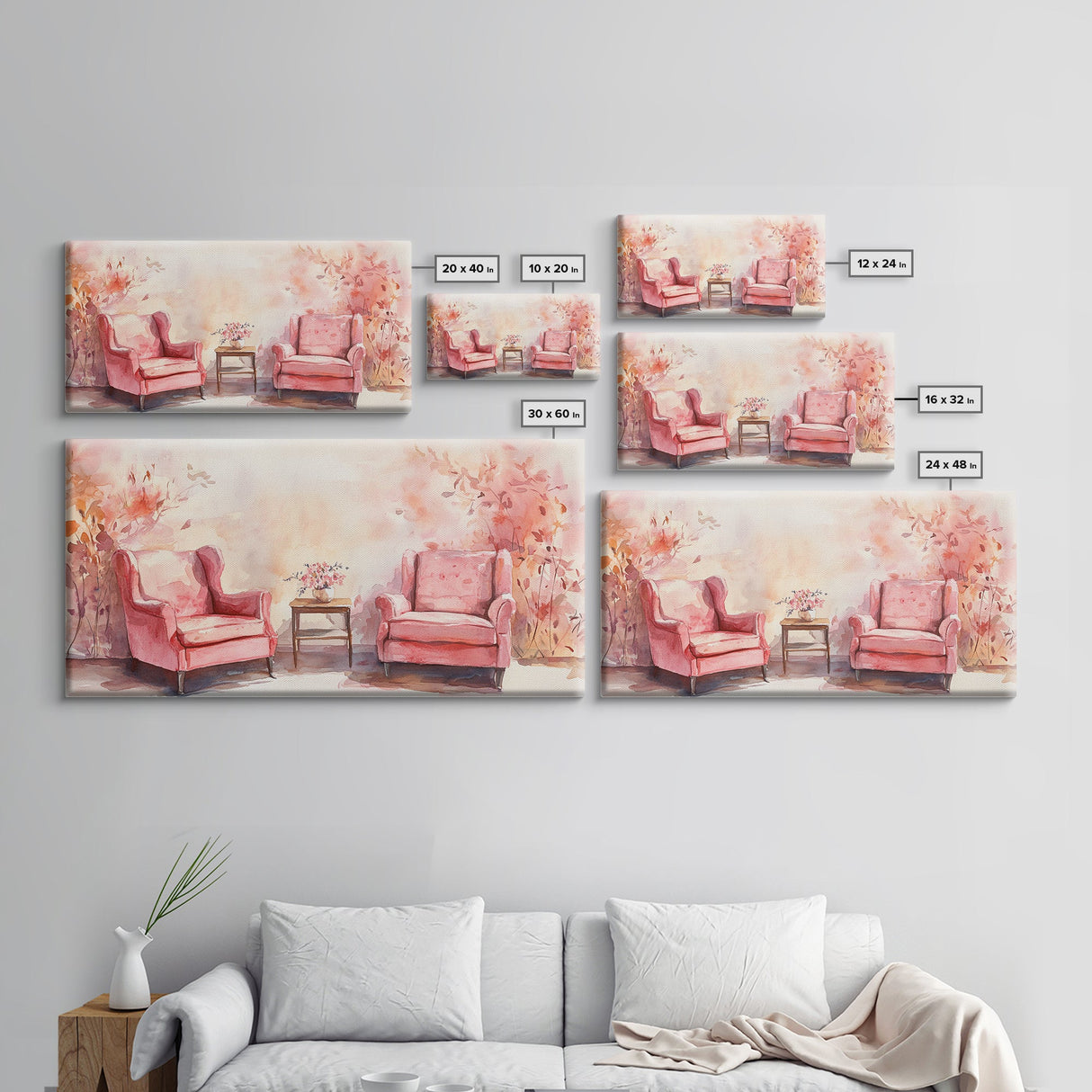 Cozy Pink Living Room Canvas Print with Chairs and Floral Decor, Perfect Rustic Wall Art for Fall or Above Couch Decor, Farmhouse Style