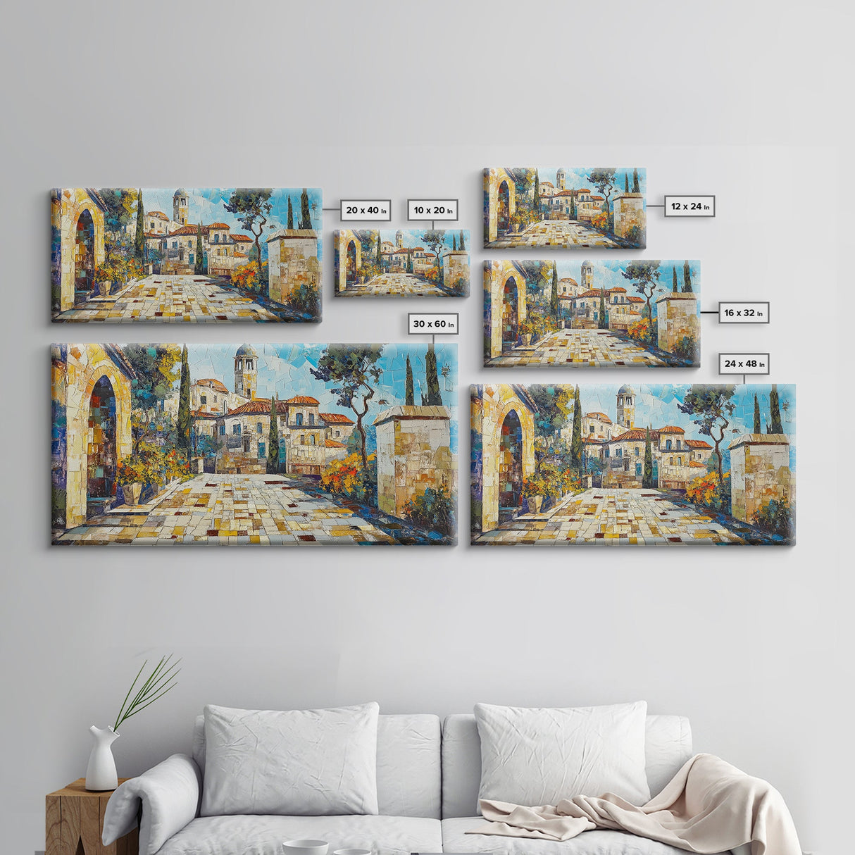 Mediterranean Village Mosaic Framed Canvas Print - Vibrant Coastal Landscape Art - Nautical Decor Living Room Rustic Wall Art