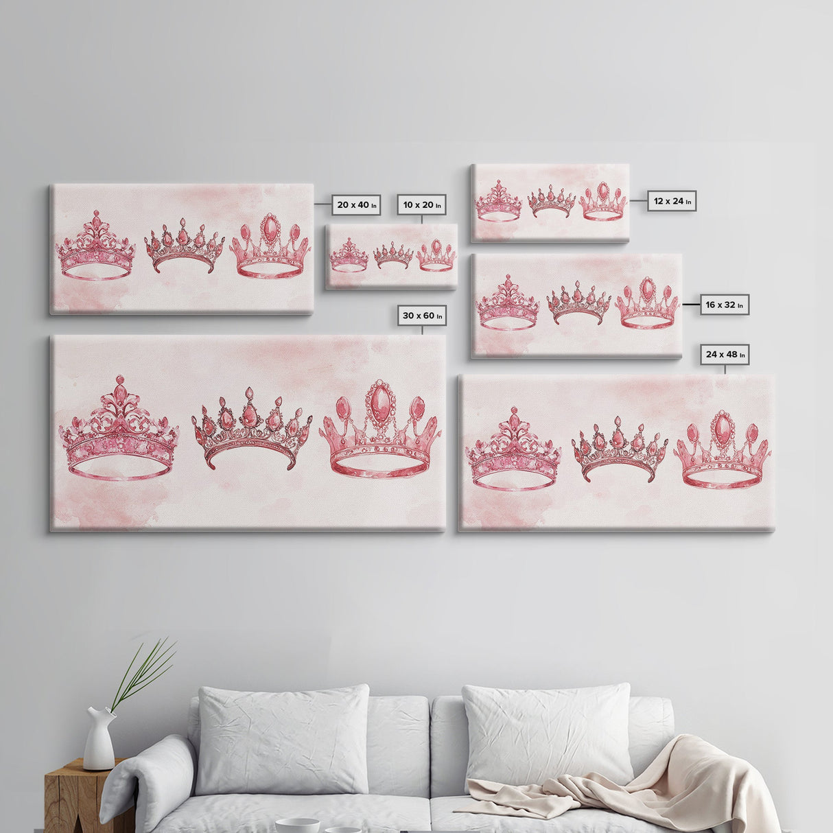 Pink Crown Trio Canvas Print Whimsical Art Princess Aesthetic Dorm Decor Light Pink Art Bedroom or Living Room Artwork Gift Idea