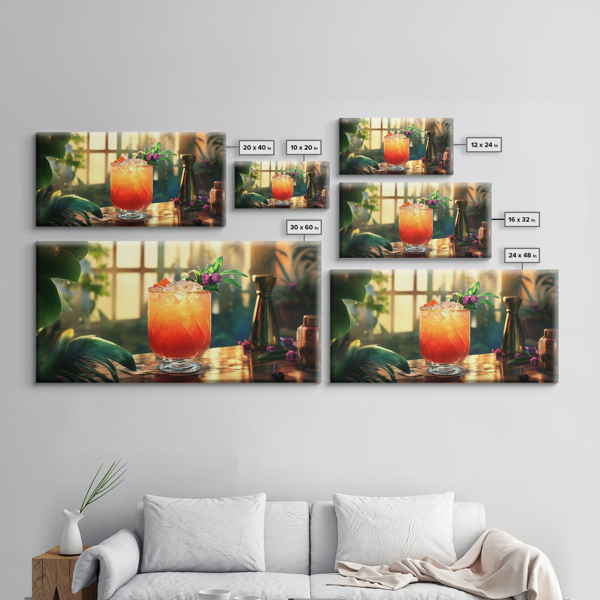 Tropical Sunset Cocktail Canvas Print, Vibrant Kitchen Wall Art, Foodie Home Decor, Botanical Drink Painting, Dining Room Cocktail Art