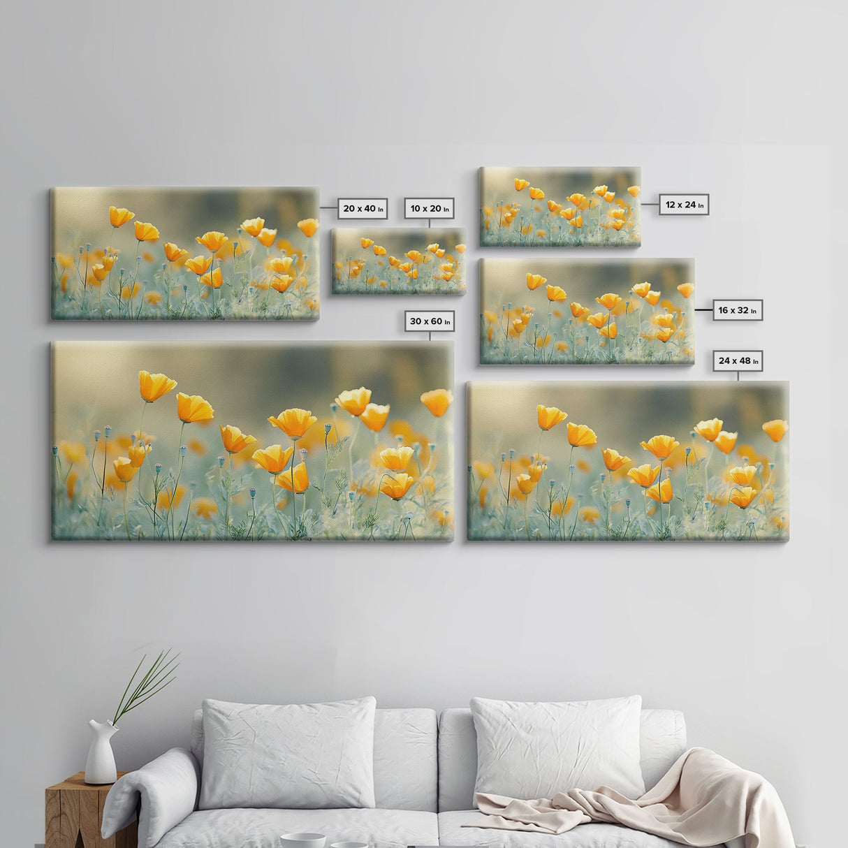 Golden Poppy Floral Canvas Print California Wildflower Art Botanical Wall Decor Rustic Style Extra Wide Horizontal Landscape Art