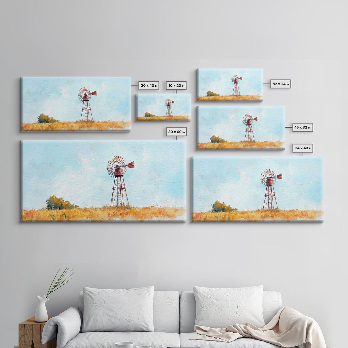 Rustic Windmill Framed Canvas Print Perfect Above Sofa Farmhouse Art Panoramic Artwork Wabi Sabi Inspired Bedroom Horizontal Wall Art