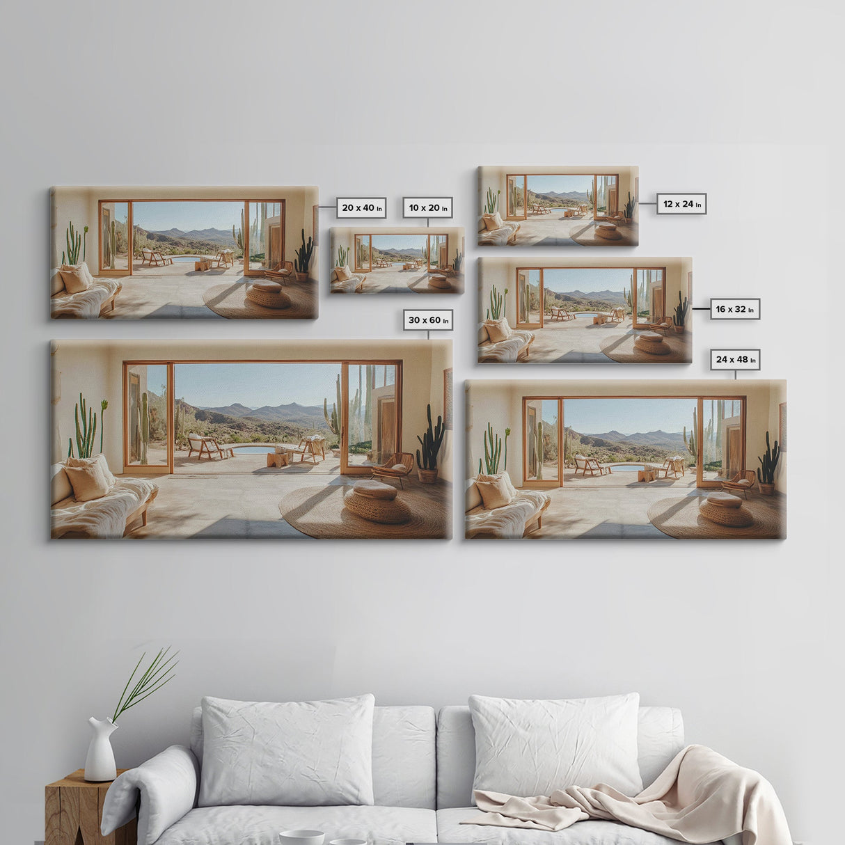 Framed Canvas Print of Desert Retreat with Cactus and Mountain View, Southwest Wall Art, Living Room Boho Decor