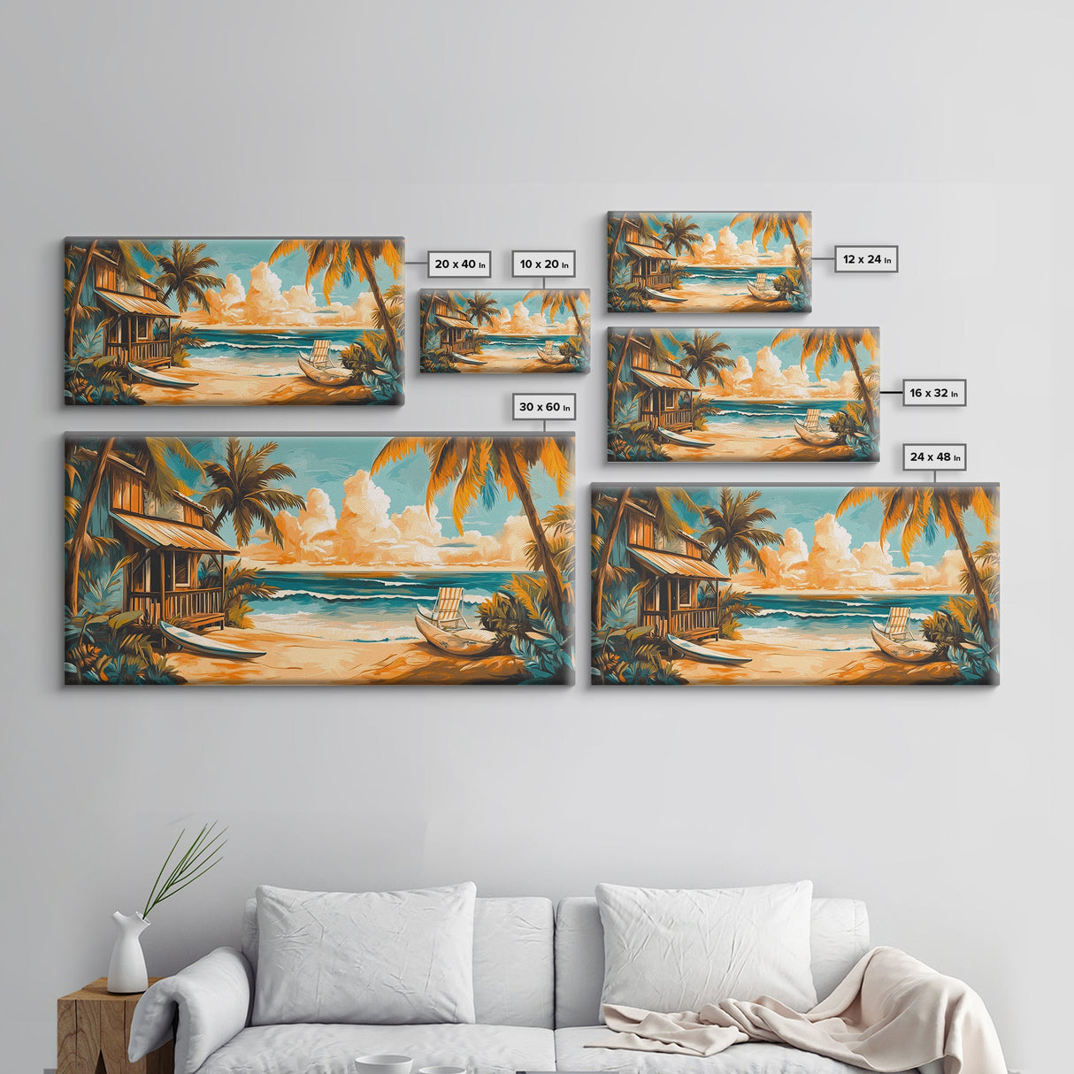 Sunset Surf Shack Canvas Print Nautical Wall Art Coastal Painting Rustic Decor Tropical Landscape Art Extra Wide Art Bedroom Art