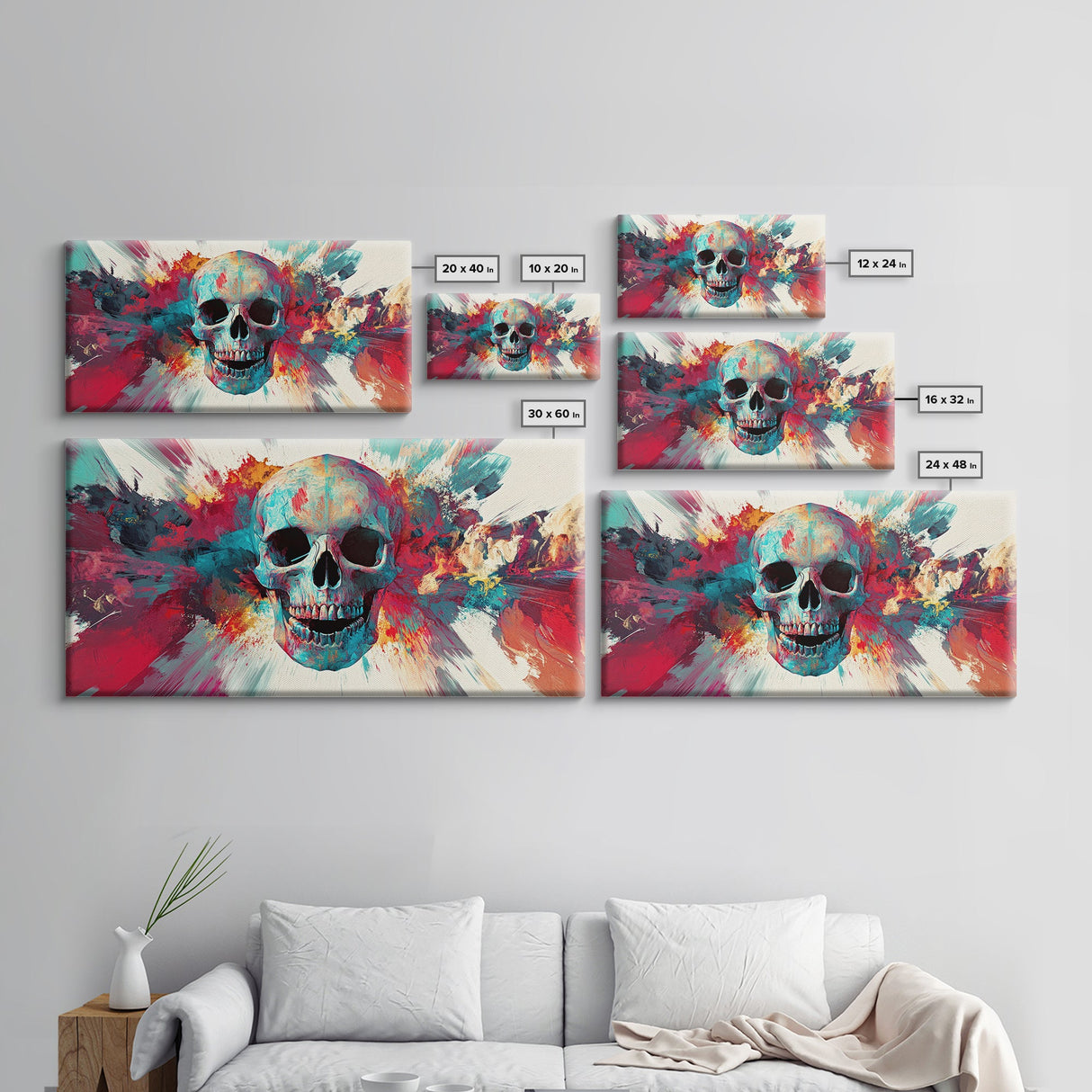 Abstract Skull Art Framed Canvas Print, Moody Colorful Halloween Wall Decor, Unique Living Room Art, Vibrant Therapy Art Gift Idea