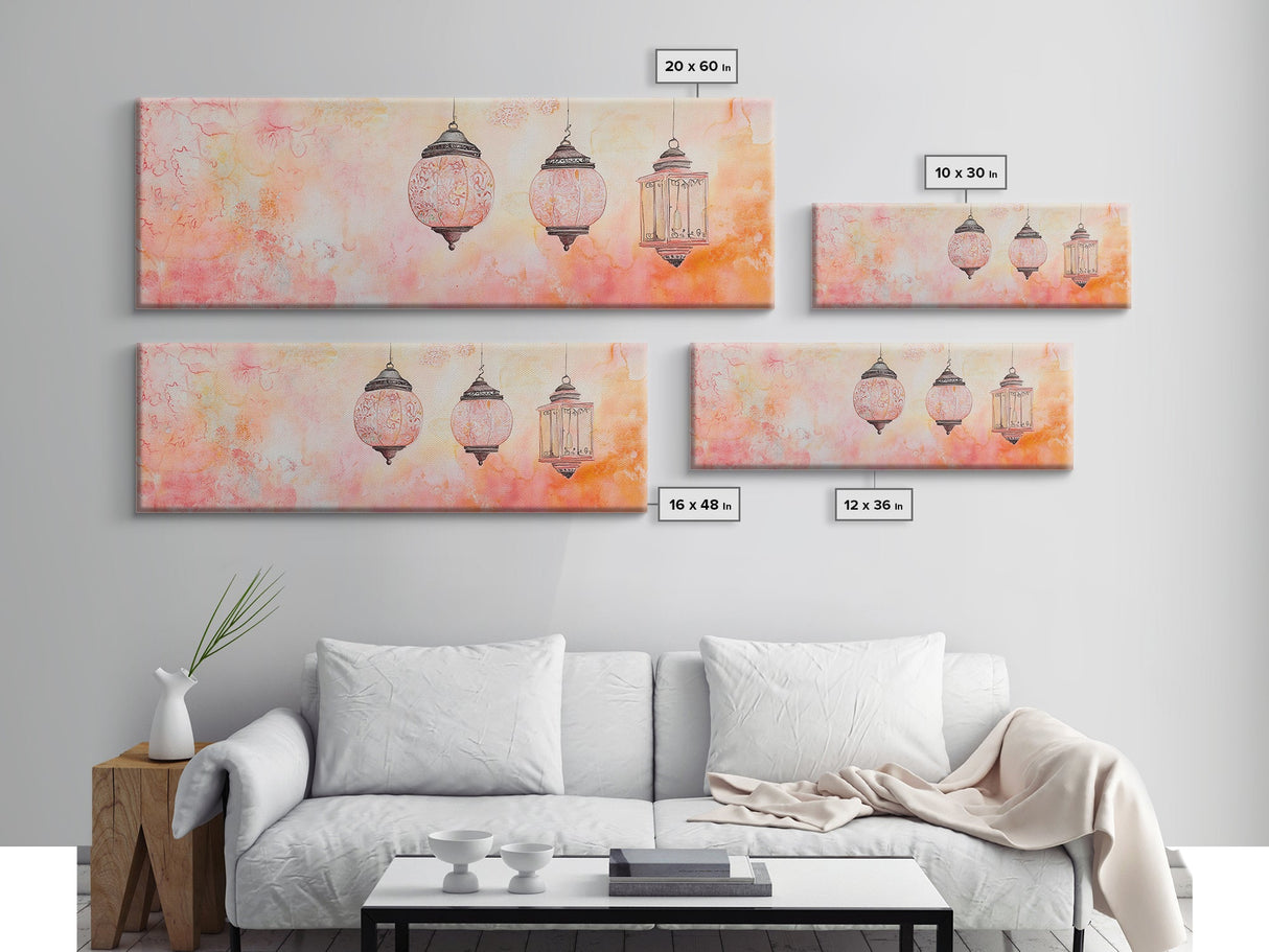 Moroccan Lanterns Canvas Print Pink Orange Wall Art Boho Decor Rustic Living Room Artwork Horizontal Farmhouse Style Gift Idea