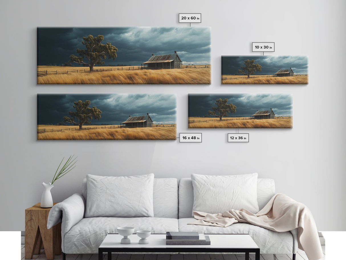 Stormy Farmhouse Canvas Print Rustic Landscape Painting Smoky Mountain Art Horizontal Panoramic Wall Living Room Autumn Decor