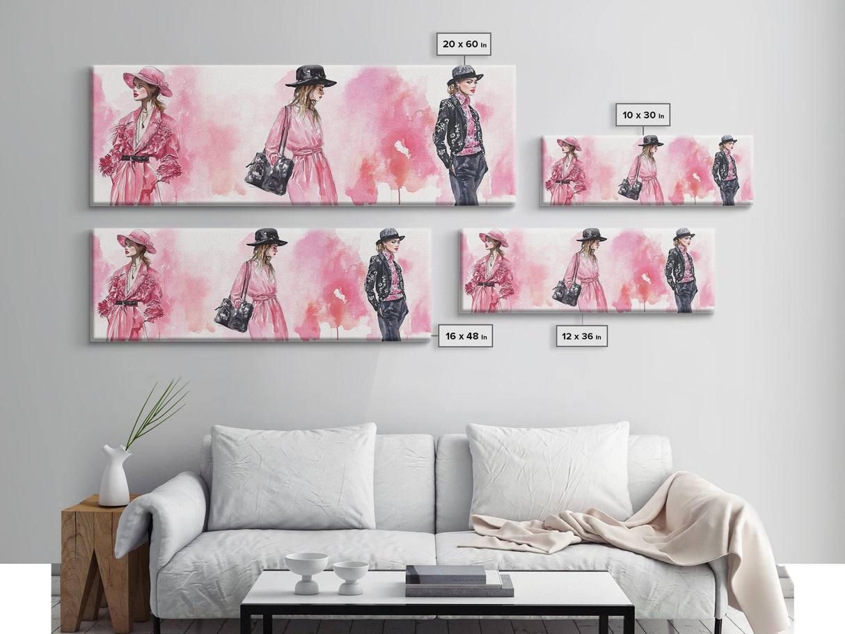 Fashion Illustration Wall Art, Framed Canvas Print, Light Pink and Black Modern Style, Above Sofa Artwork, Whimsical Statement Piece