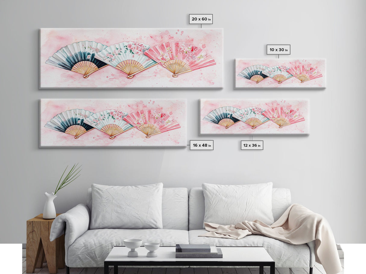 Floral Hand Fan Art Framed Canvas Print Chinoiserie Pink Wall Art Botanical Prints Horizontal Bedroom Living Room Décor Gift Idea