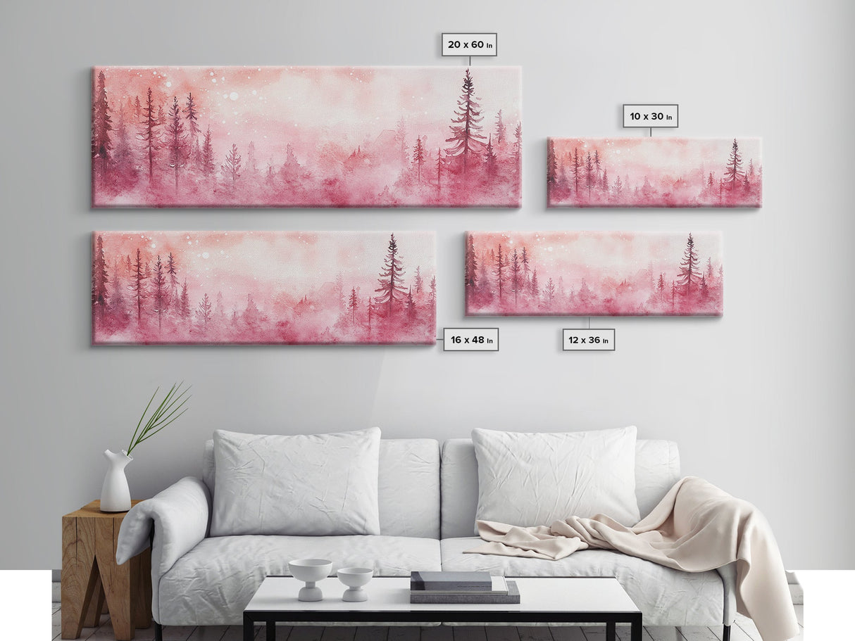 Framed Canvas Print of Enchanting Forest at Dusk Painting with Moody Pink Hues Ideal as Living Room or Guest Room Horizontal Wall Art