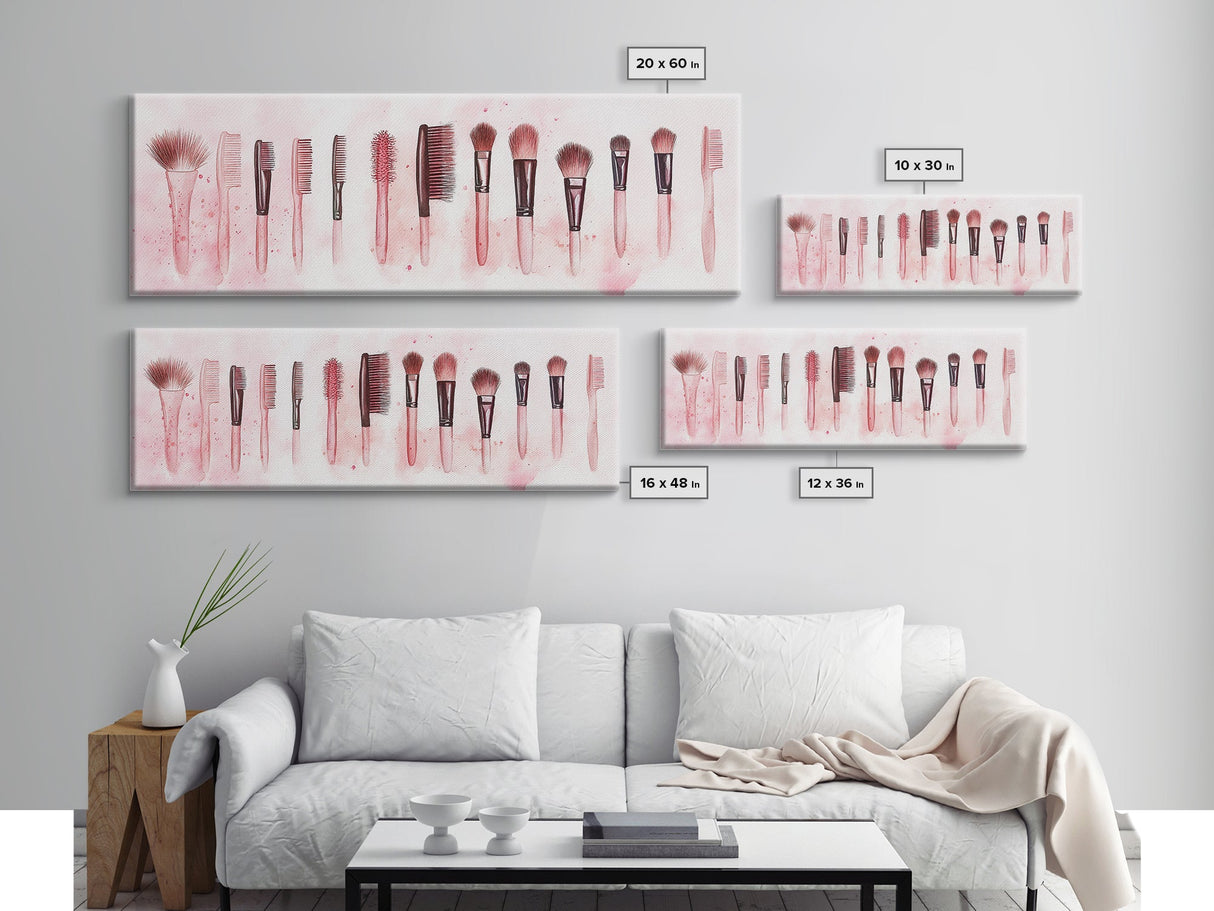 Framed Canvas Print of Makeup Brushes and Combs in Pink Ideal Gift Idea with Whimsical Art for Vanity or Beauty Room Wall Decor