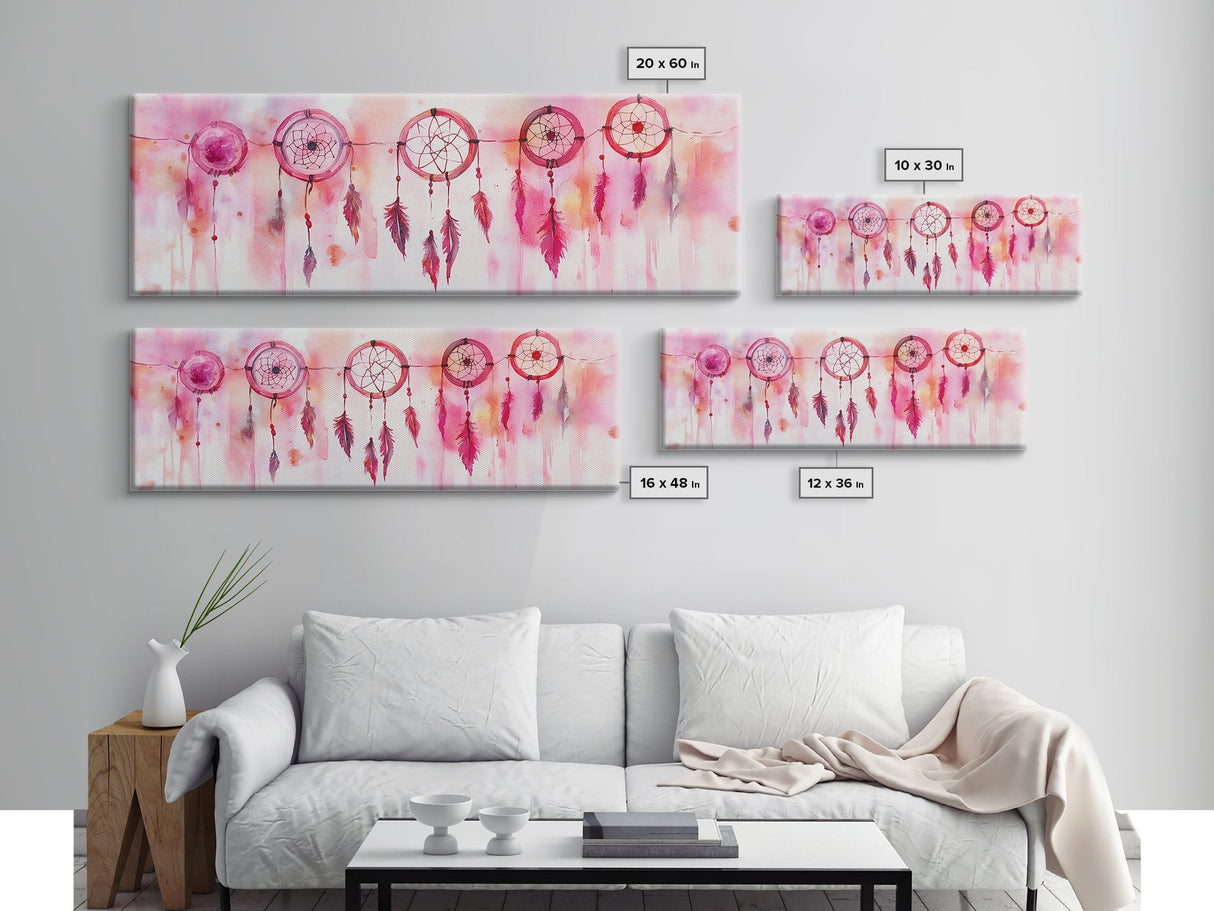 Dreamcatcher Canvas Print, Pink Orange Wall Art with Whimsical Artistic Feathers, Boho Art Idea for Living Room or Above Couch