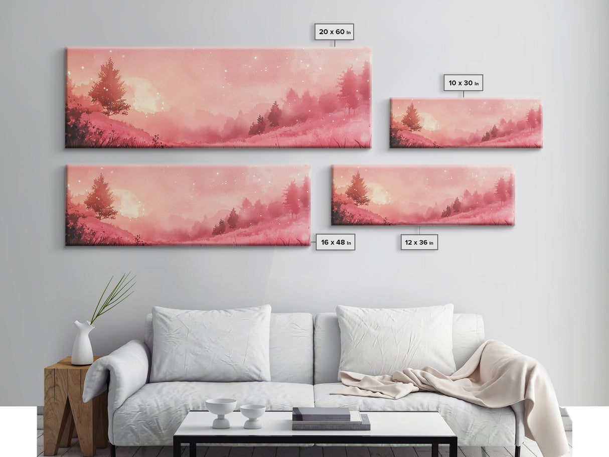 Misty Pink Landscape Canvas Print Forest at Dusk Painting Light Pink Wall Art Smoky Mountain Art Panoramic Art Bedroom Decor Gift