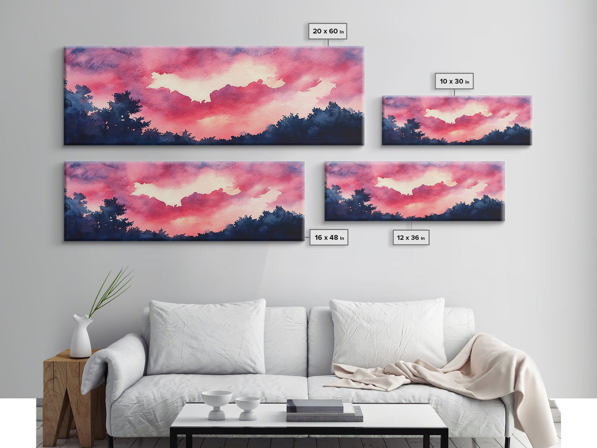 Forest Sunset Framed Canvas Print, Moody Evening Sky Painting, Smoky Mountain Landscape Art, Living Room or Bedroom Wall Decor