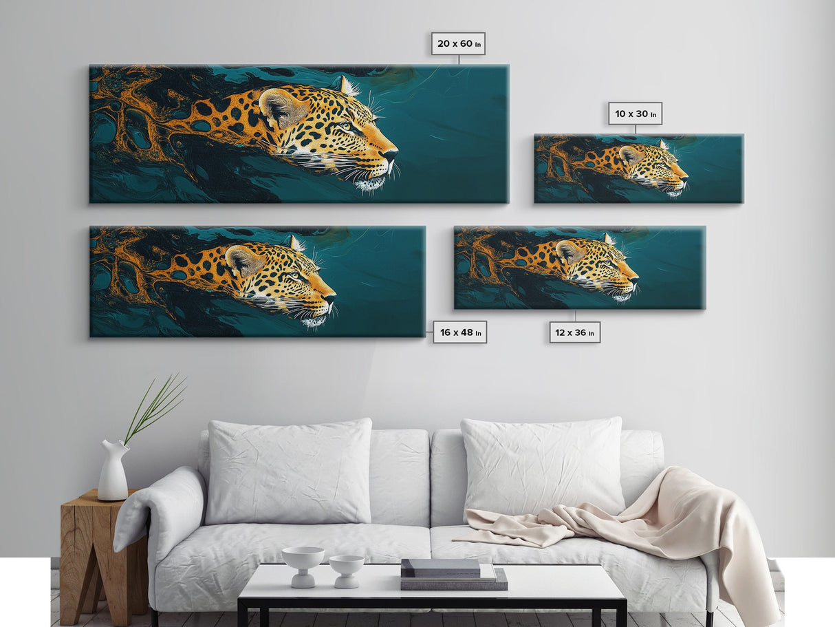 Leopard In Motion Framed Canvas Print - Abstract Jungle Painting, Teal And Orange Wildcat Art, Modern Safari Wall Decor, Bedroom Accent