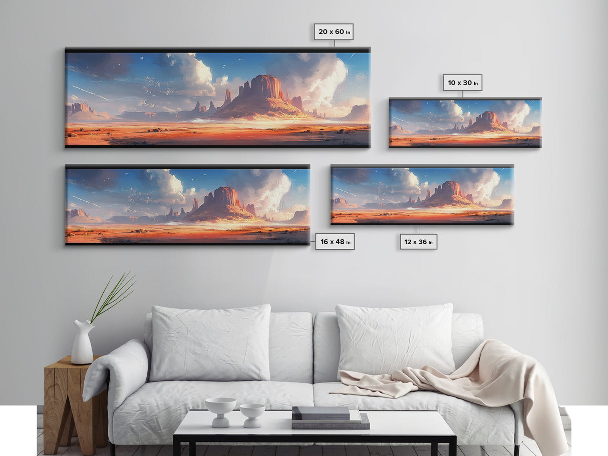Majestic Desert Landscape Framed Canvas Print, Panoramic Painting, Southwest Wall Art, Above Bed Art, Rustic Decor, Living Room Art