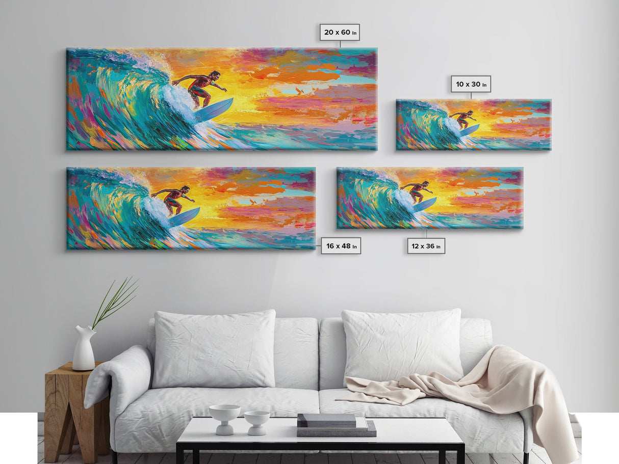 Surfer Riding Wave Canvas Print, Surf Wall Art, Coastal Decor, Nautical Painting, Colorful Art, Living Room Art, Gift Idea, Rustic Wall Art