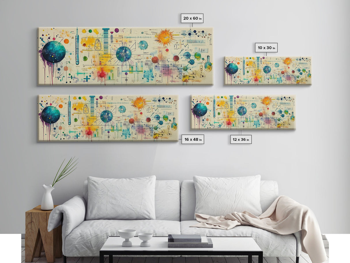 Framed Canvas Print of Science Art with Abstract Diagrams, Therapy Art, Brain Art, Panoramic Wall Art, Horizontal Living Room Art