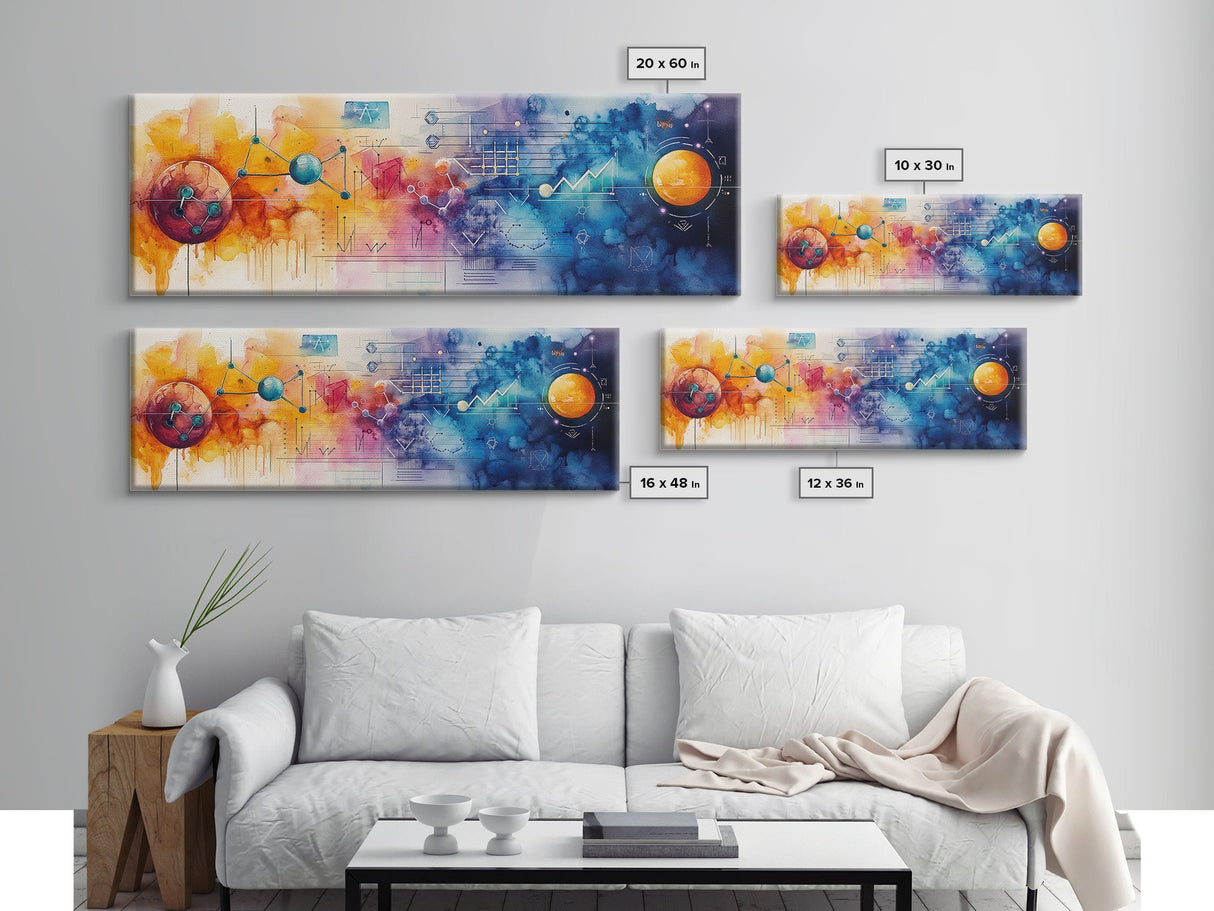 Framed Canvas Print of Cosmic Science Art with Space Diagrams, Therapy Art, Sacred Geometry Wall Art, Horizontal Living Room Art