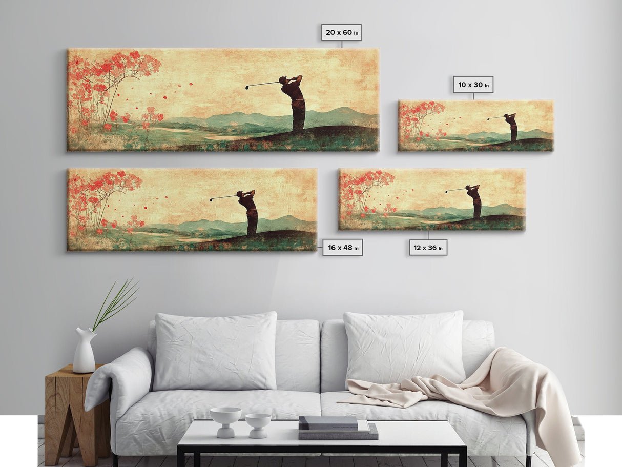 Golf Swing Elegance Framed Canvas Print – Rustic Decor, Golf Art, Panoramic Painting, Horizontal Wall Art, Gift Idea For Him