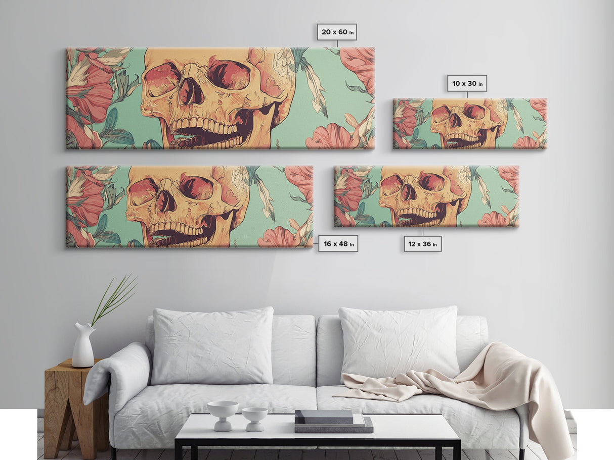 Skull Art with Wildflower Motif Framed Canvas Print, Botanical and Whimsical Wall Art Gift Idea, Rustic and Moody Decor Living Room Art