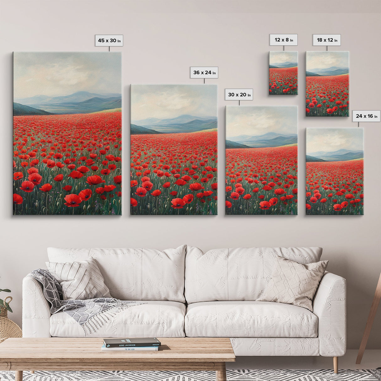 Scenic Poppy Field Framed Canvas Print, Rustic Landscape Painting, Bedroom Art, Farmhouse Wall Decor, Extra Wide Rustic Art