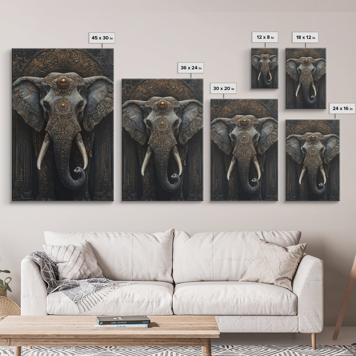 Ornate Elephant Kerala Mural Framed Canvas Print – Ganesh Wall Art, Sacred Geometry Art, Indian Inspired Decor Rustic Living Room Art