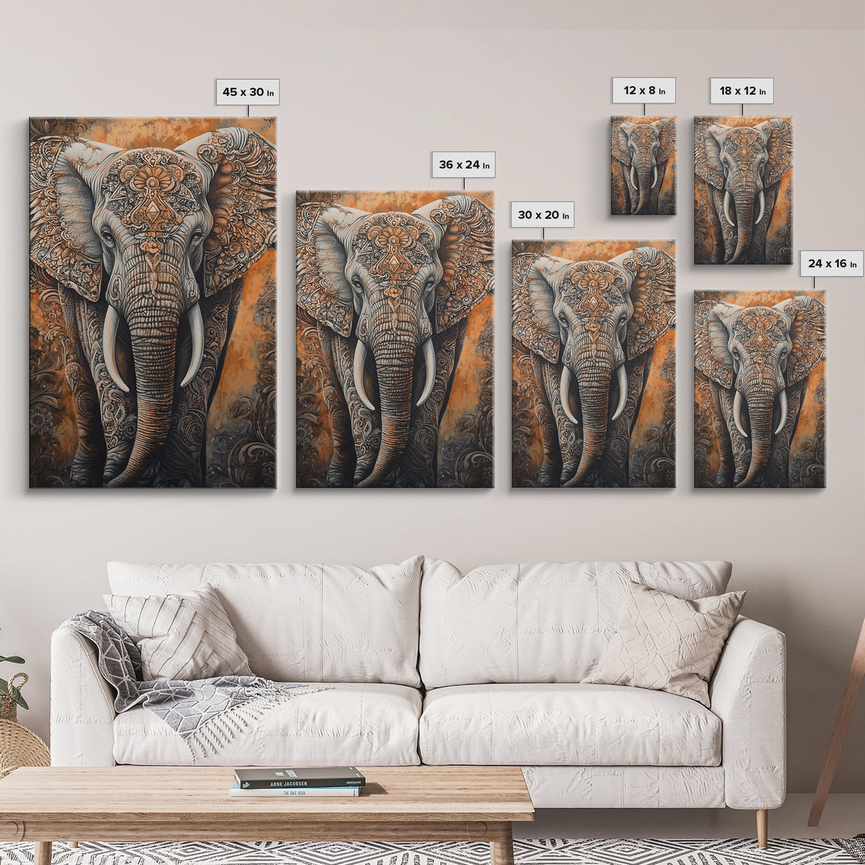 Indian Elephant Art Framed Canvas Print – Kerala Mural Painting, Sacred Geometry Decor, Ganesh Wall Art, Rustic Boho Living Room Art